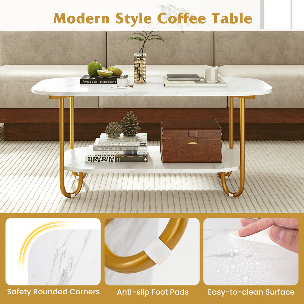 Modern 2-tier coffee table with faux marble top, sturdy metal frame, and easy-to-clean surface for versatile living.