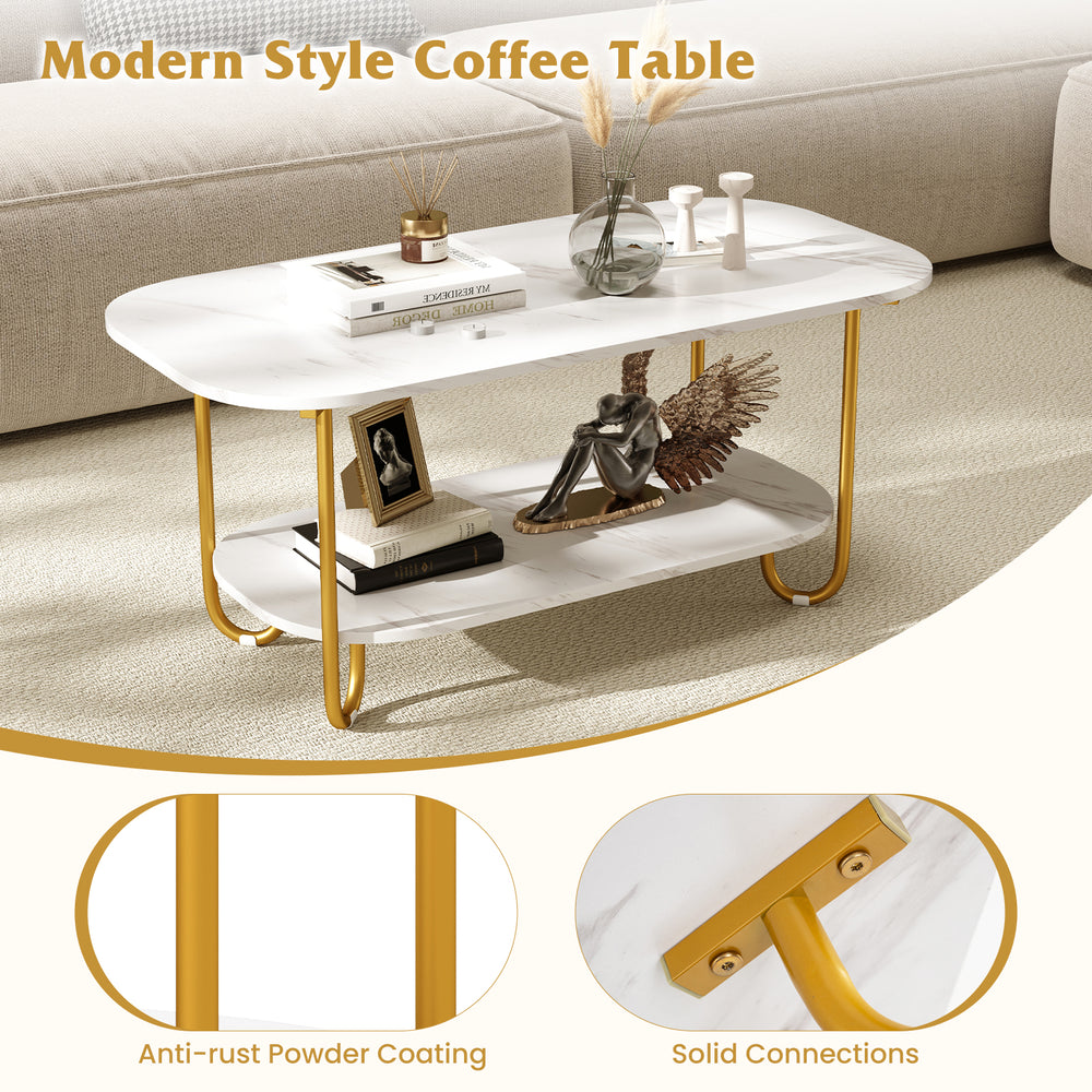 Modern 2-tier coffee table with white faux marble top and gold metal frame, perfect for stylish living rooms or studies.