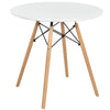 Round dining table with solid beech wood legs and a smooth MDF top, perfect for small spaces and versatile use.