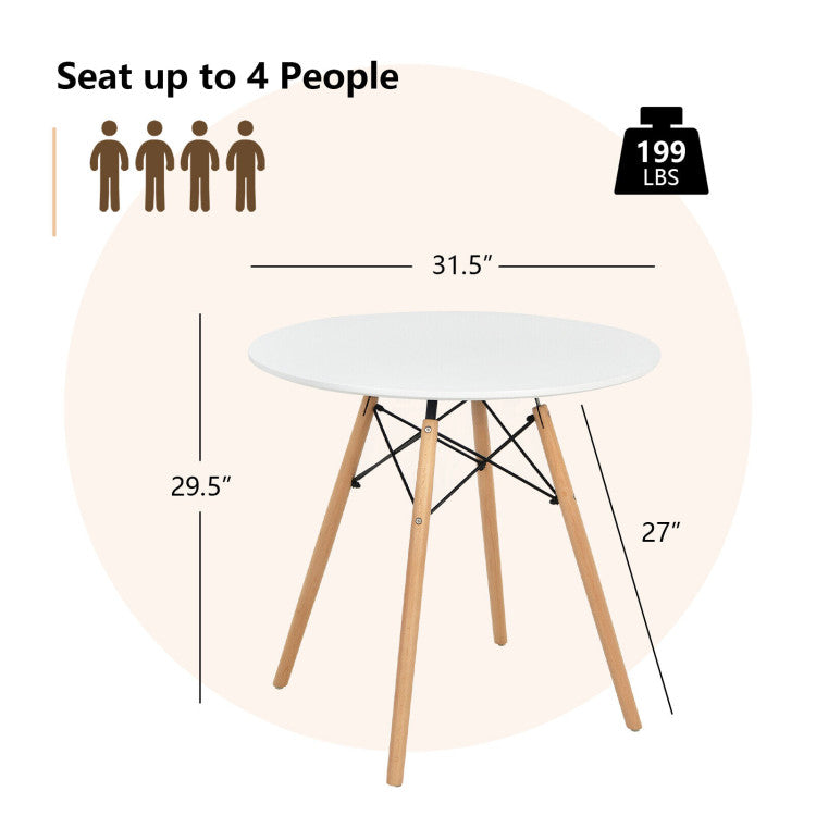 Round dining table with solid beech wood legs, seats up to 4 people, ideal for small spaces like apartments or kitchens.