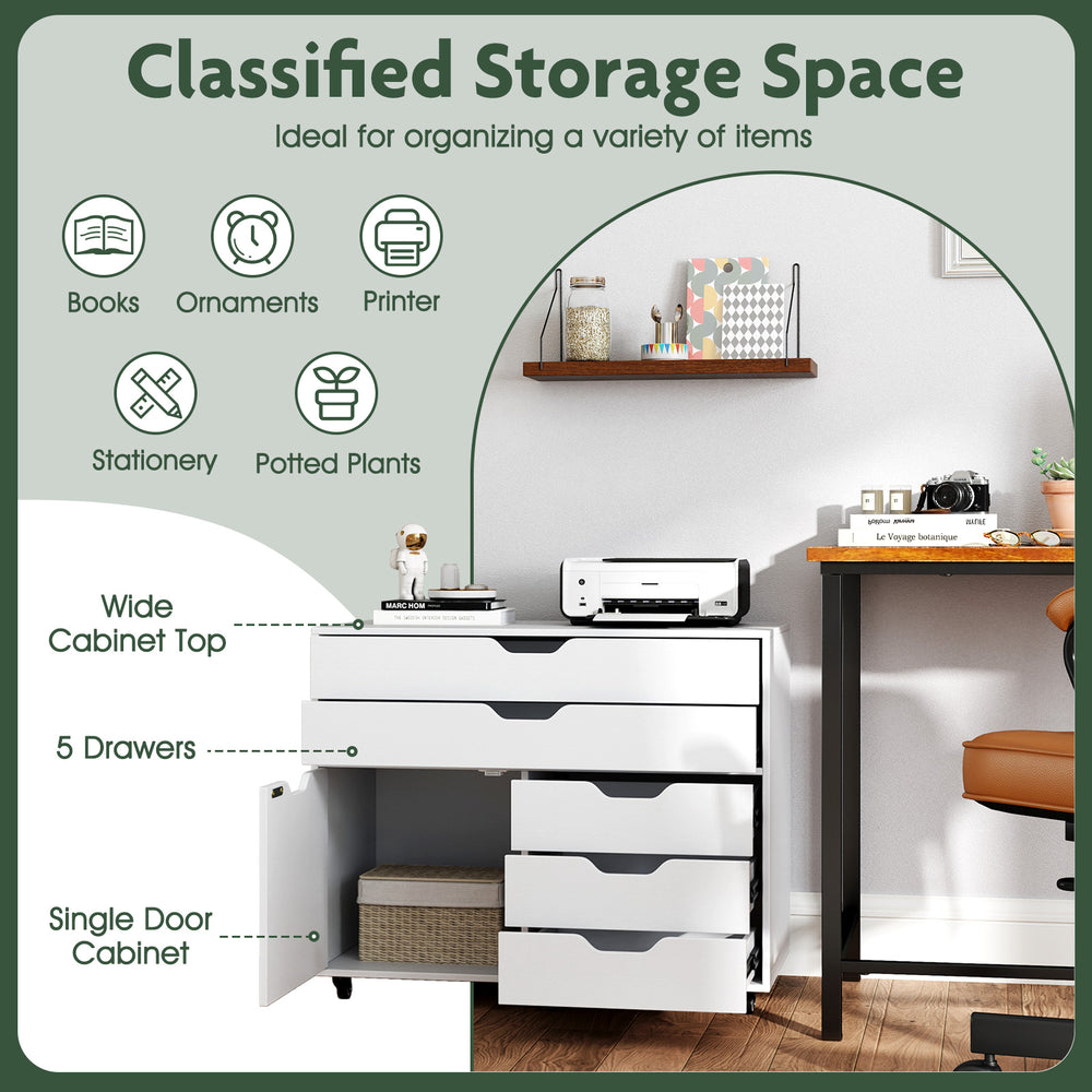 Costway 5-Drawer Mobile Chest Modern Cabinet with Casters New