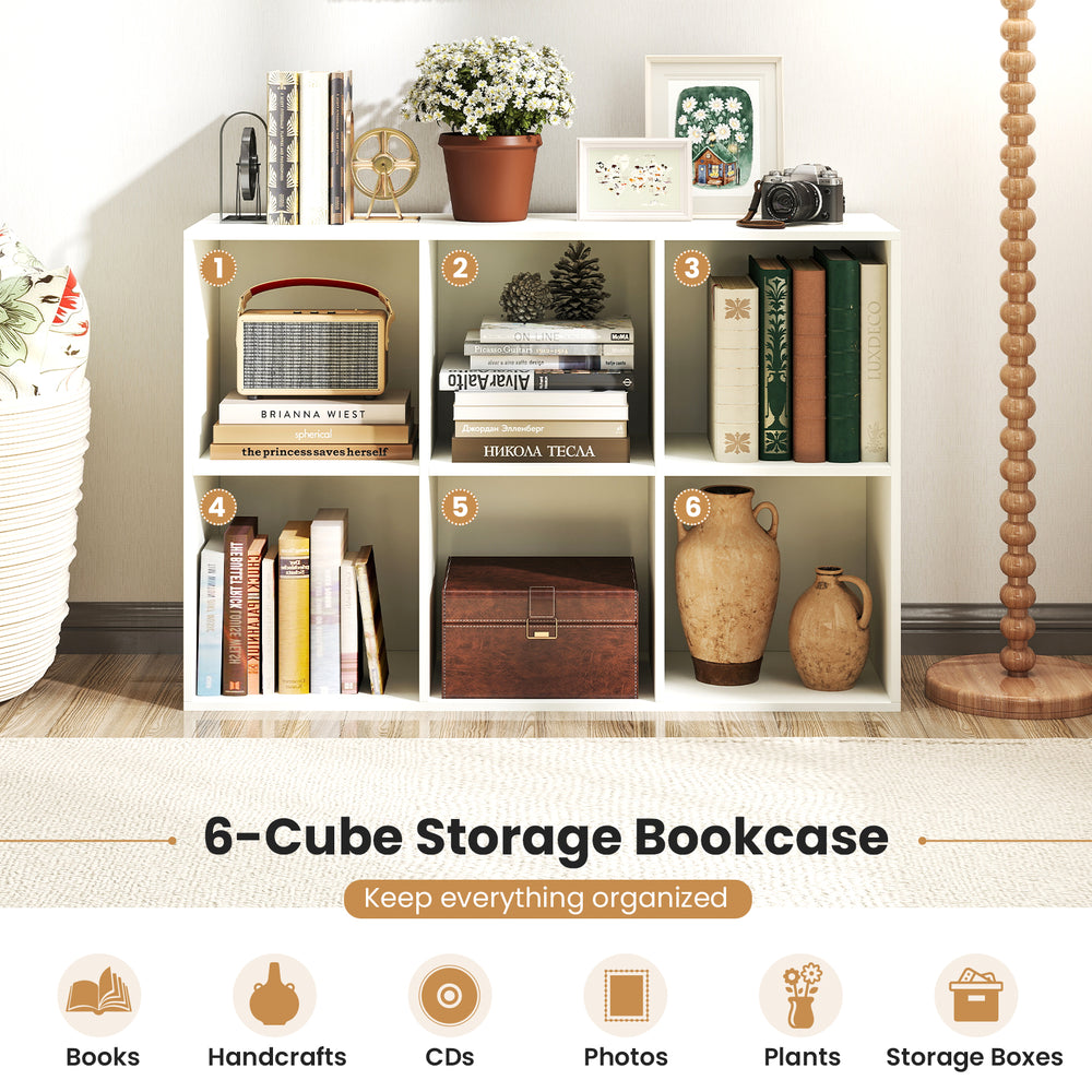 Modern 6-cube storage bookcase in white, ideal for organizing books, photos, and plants in living rooms or bedrooms.