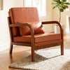 Modern accent chair with brown faux leather upholstery, removable cushions, and sturdy rubber wood frame for cozy.