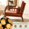 Modern accent chair with a sturdy natural rubber wood frame and brown faux leather upholstery, ideal for cozy living.