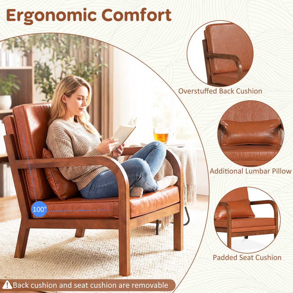Modern accent chair in brown faux leather with overstuffed back cushion, removable lumbar pillow, perfect for cozy.