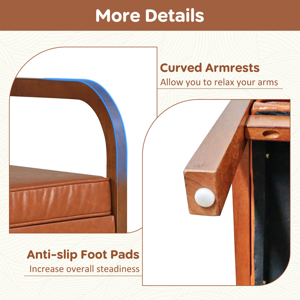 Curved armrests and anti-slip foot pads detail of the Modern Accent Chair in brown faux leather for added comfort and.