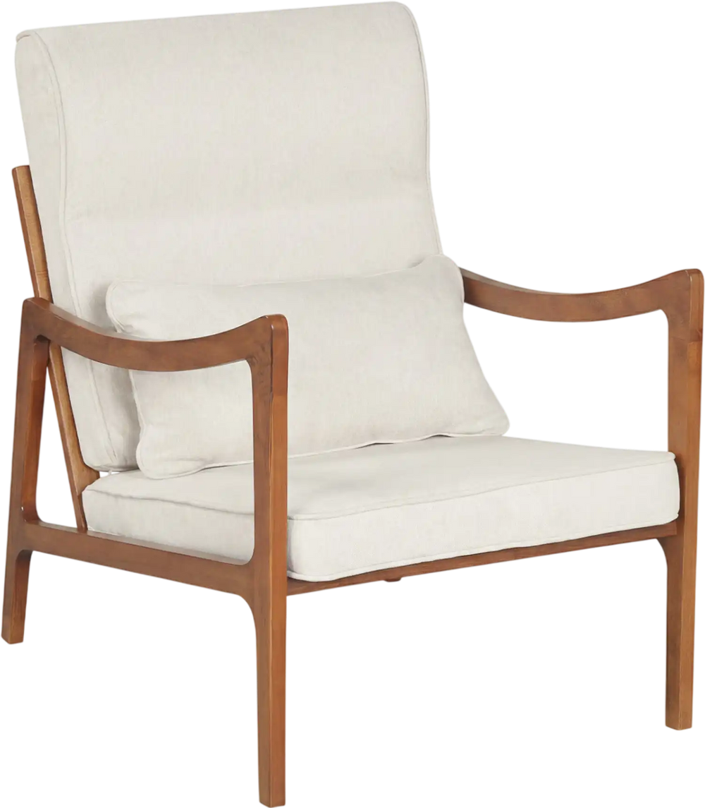 Modern accent chair with solid rubber wood frame, faux leather upholstery, and removable cushions for versatile comfort.