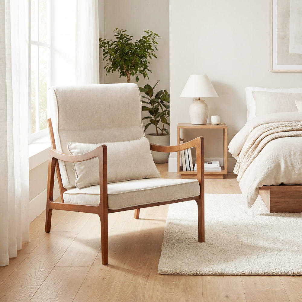 Modern accent chair with solid rubber wood frame and faux leather upholstery, perfect for cozy living spaces.