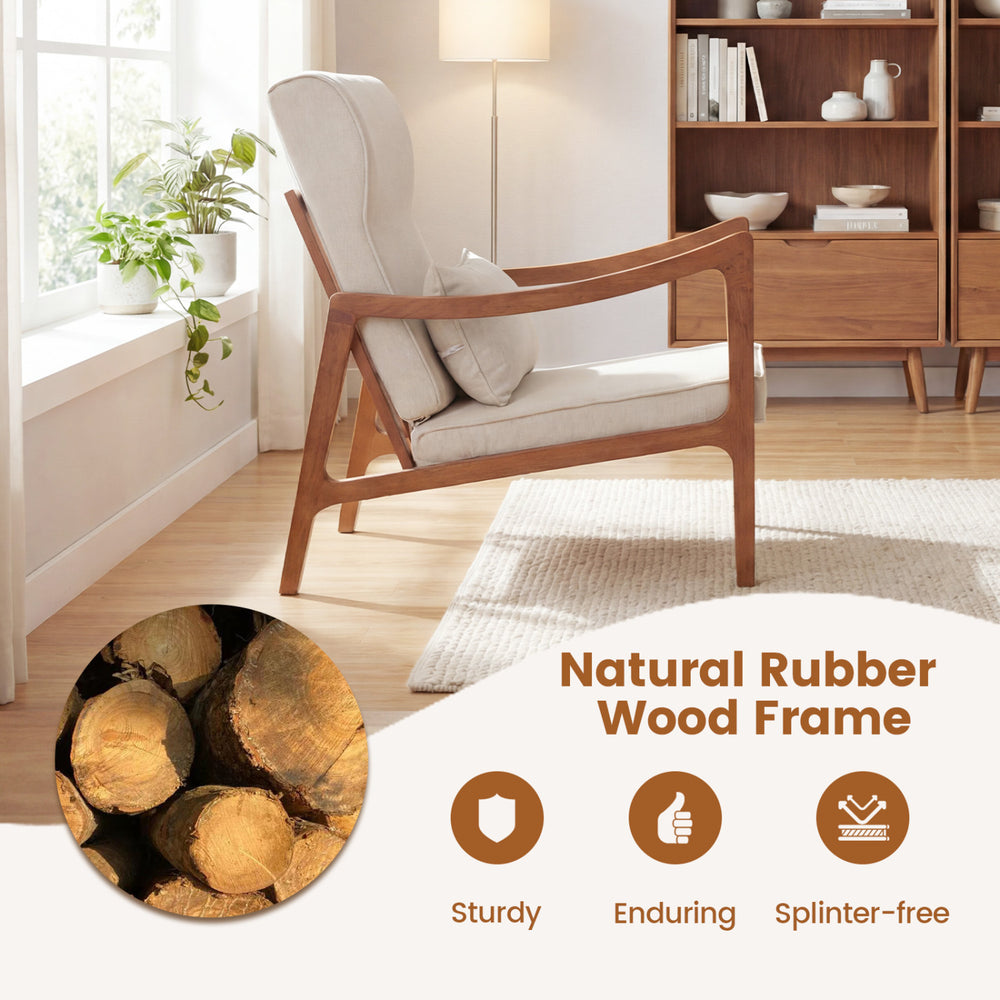 Modern accent chair with a sturdy natural rubber wood frame and removable cushions, perfect for living rooms or home.