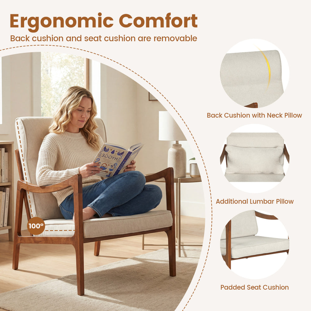 Modern accent chair with removable cushions, solid rubber wood frame, and faux leather upholstery for cozy support.