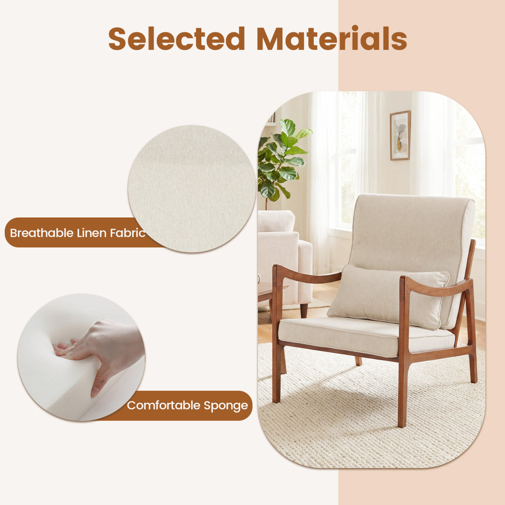 Modern accent chair in white with faux leather and linen fabric, featuring removable cushions for cozy support.