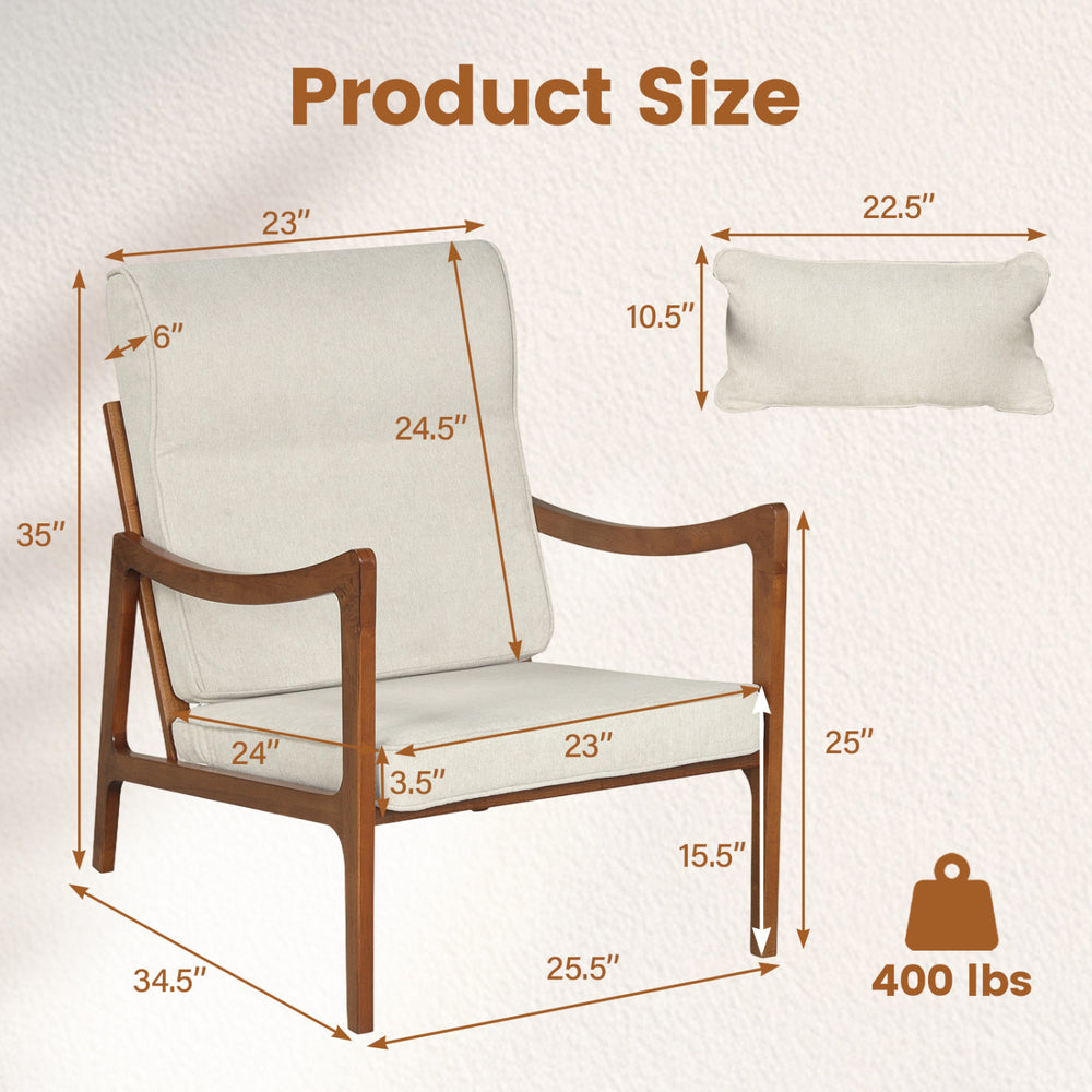 Dimensions of the modern accent chair with solid rubber wood frame and removable cushions, supporting up to 400 lbs.