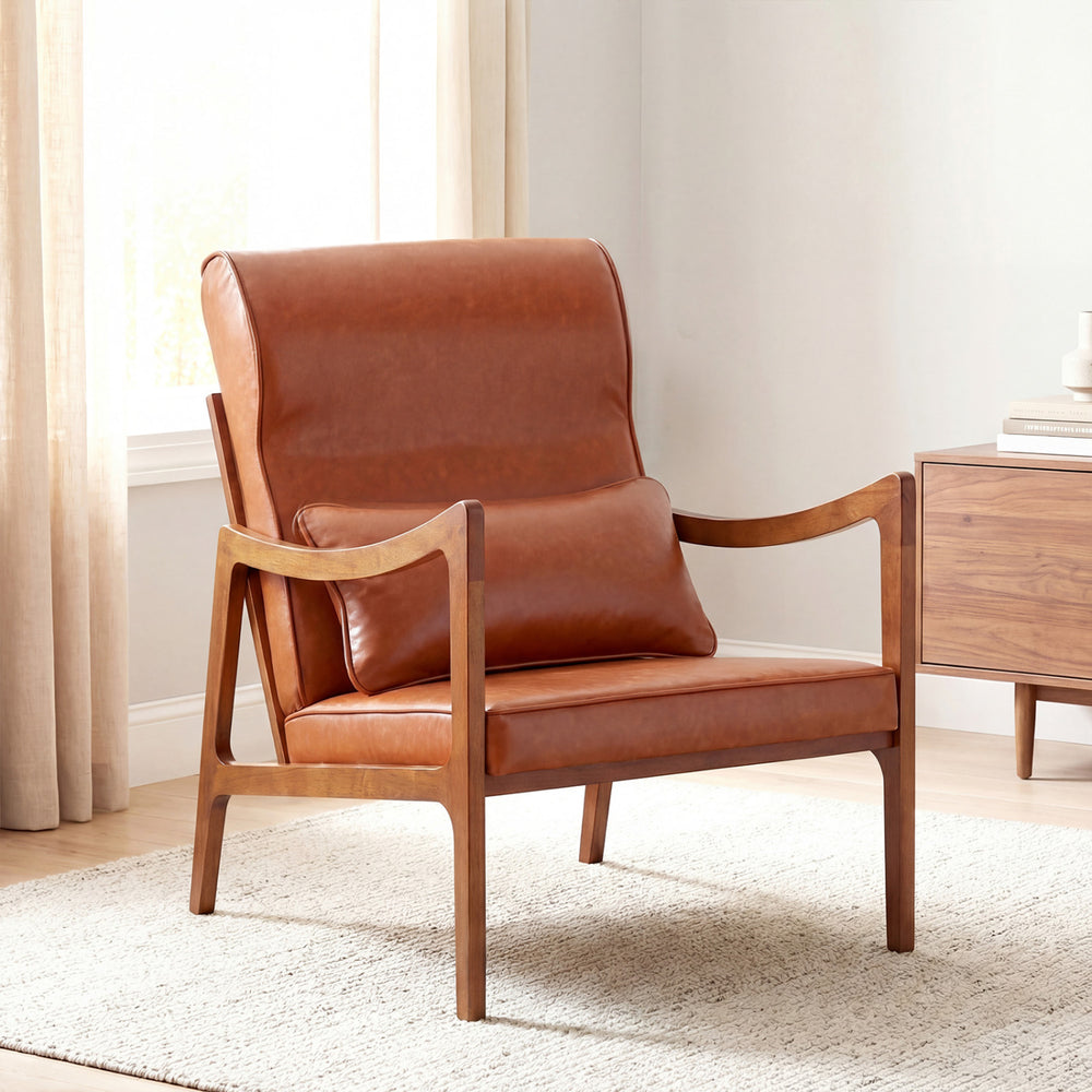 Modern Accent Chair with Solid Rubber Wood Faux Leather Upholstered Armchair-Brown - Gallery View 1 of 9