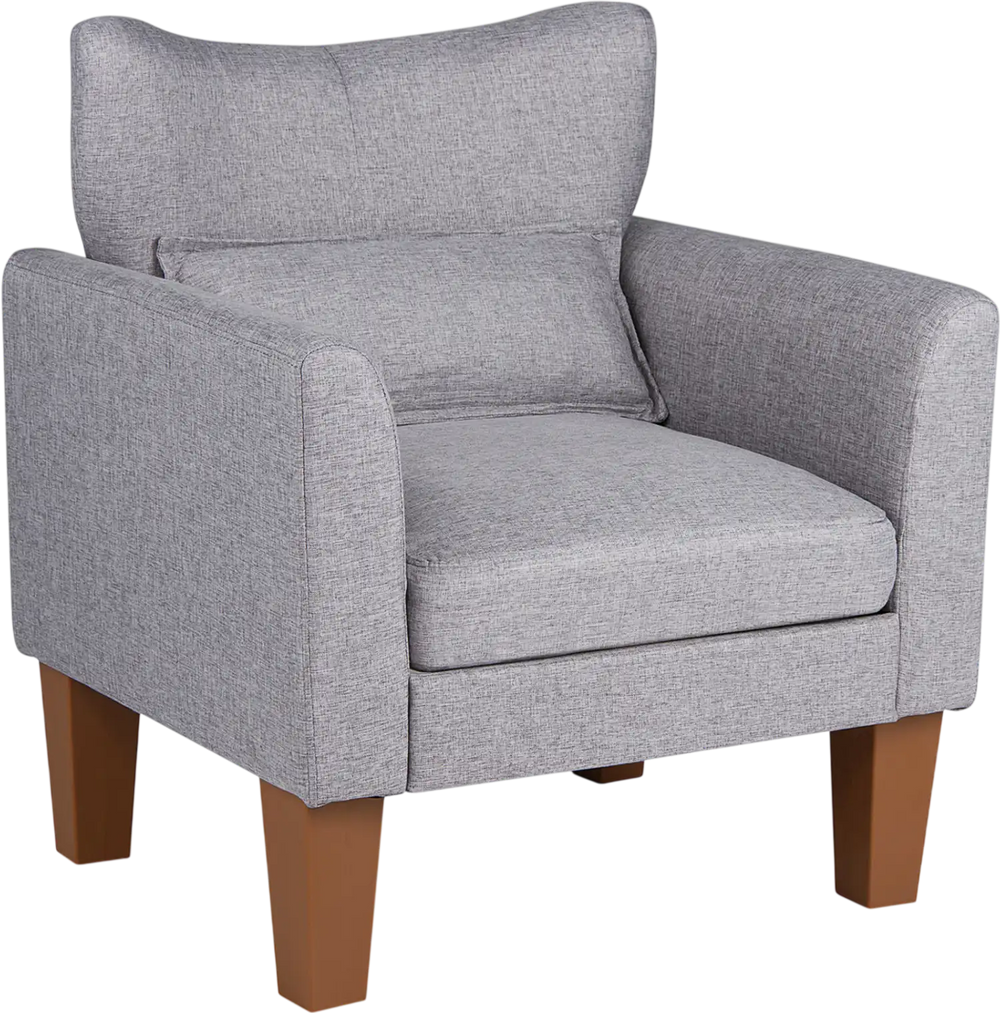 Modern gray accent chair with removable cushion and pillow, featuring ergonomic design for comfort in living rooms or offices.