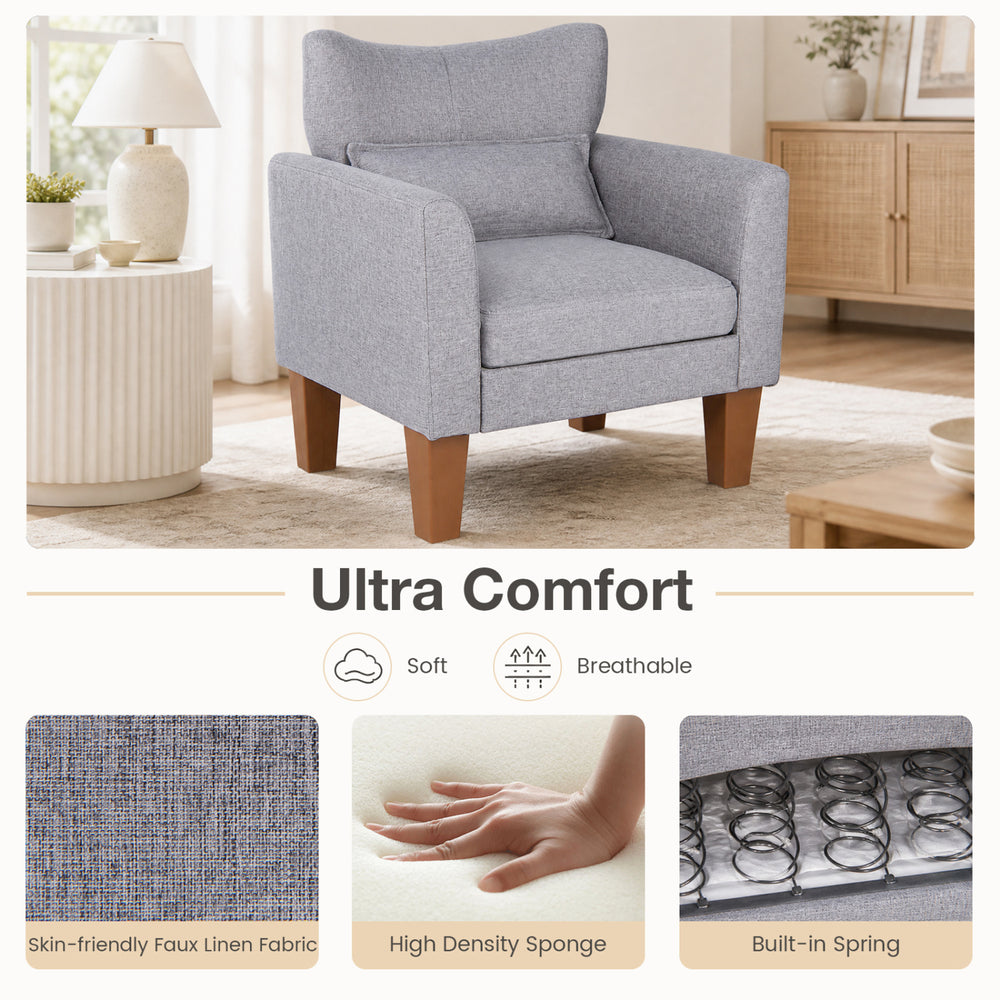 Modern accent chair in gray with removable cushion and pillow, featuring ergonomic design and skin-friendly faux linen fabric.