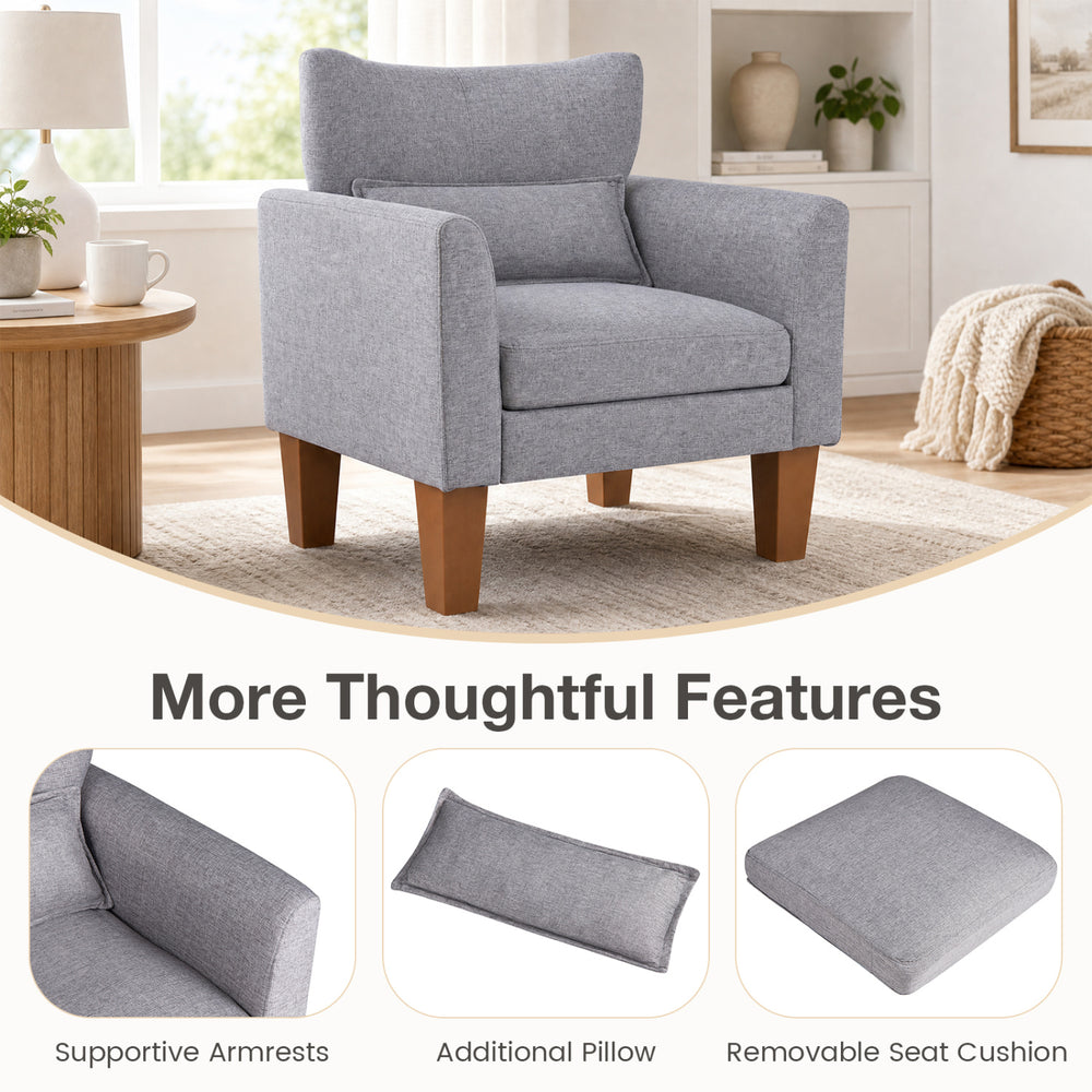 Modern gray accent chair featuring a removable cushion and pillow, designed for comfort in living rooms and reading nooks.
