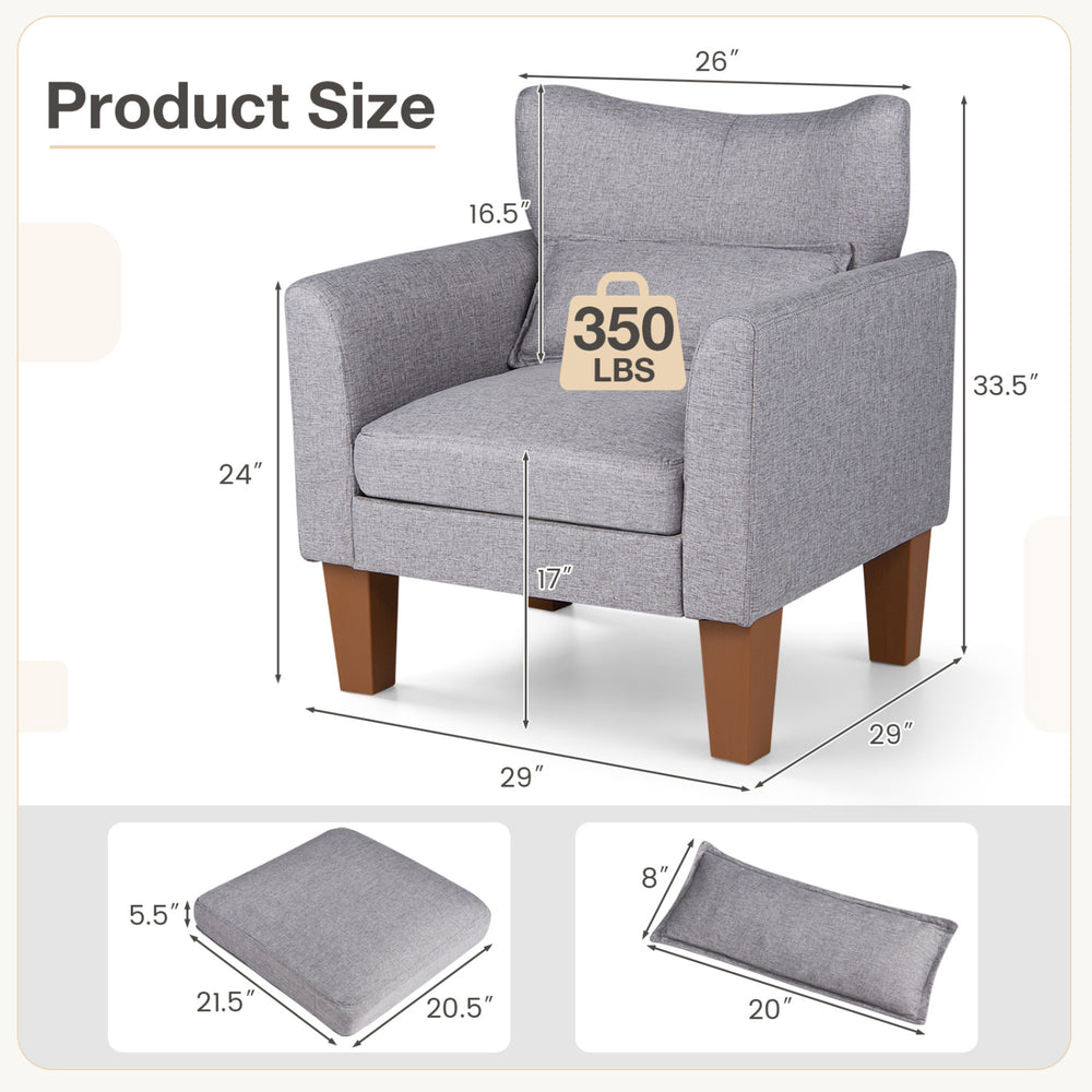 Modern accent chair in gray with dimensions shown, featuring a removable cushion and sturdy legs for versatile seating.