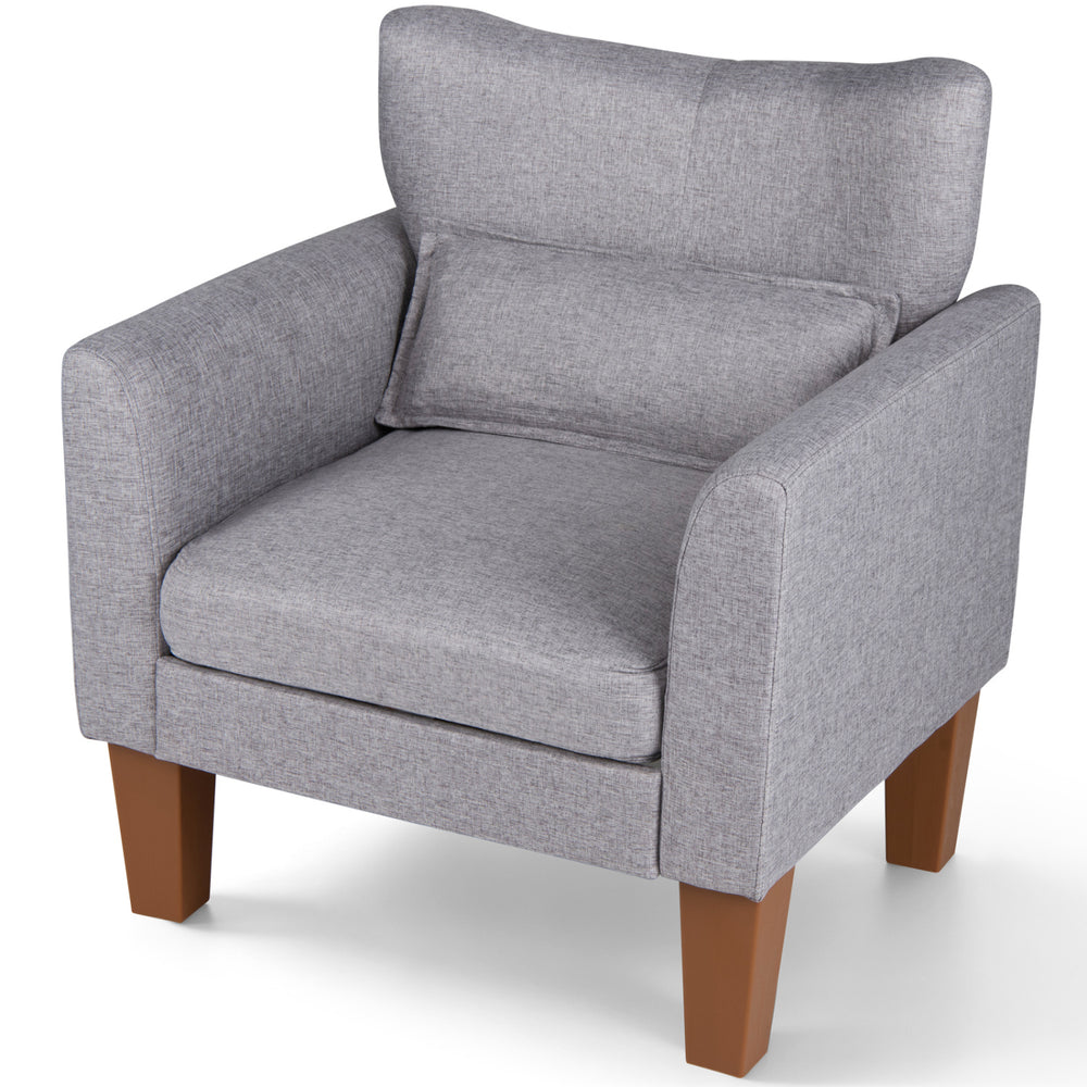 Modern gray accent chair with removable cushion and pillow, featuring ergonomic design and sturdy legs for living room comfort.