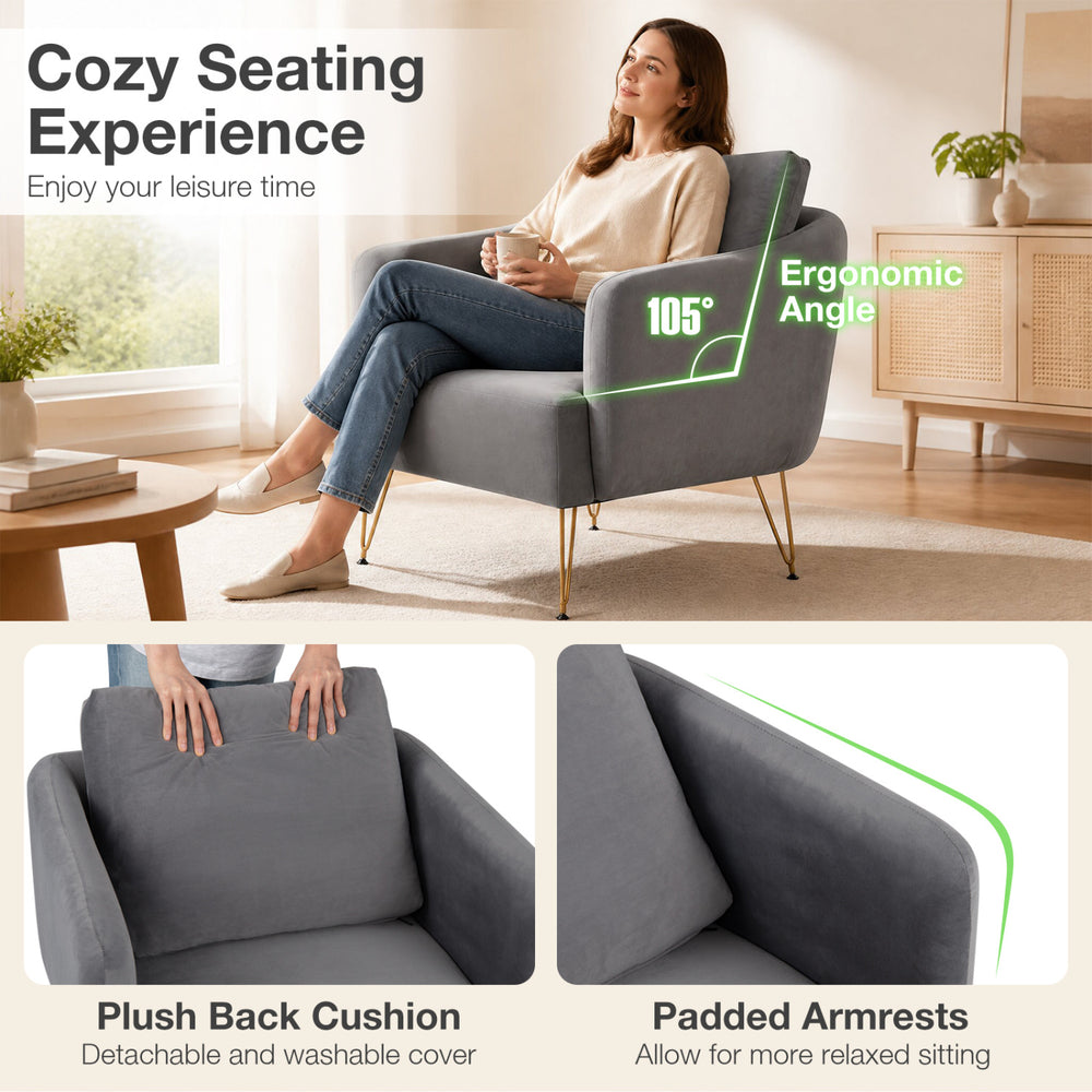 Modern accent chair in gray with padded armrests and golden metal legs, perfect for living room or bedroom comfort.