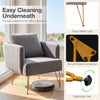 Modern gray accent chair with golden metal legs, featuring a thick back cushion and easy cleaning clearance for robot vacuums.
