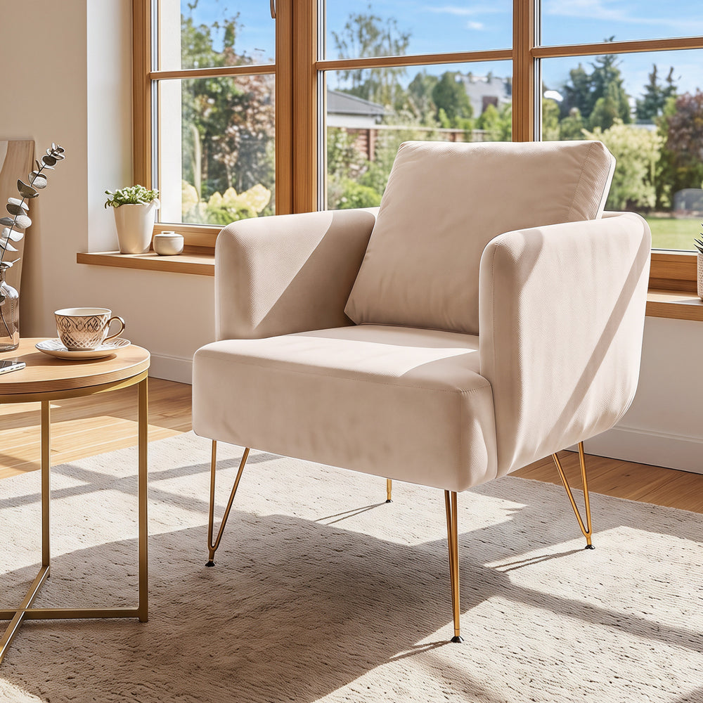 Modern Accent Chair w/Back Cushion & Golden Metal Legs for Living Room Bedroom-Beige - Gallery View 1 of 7