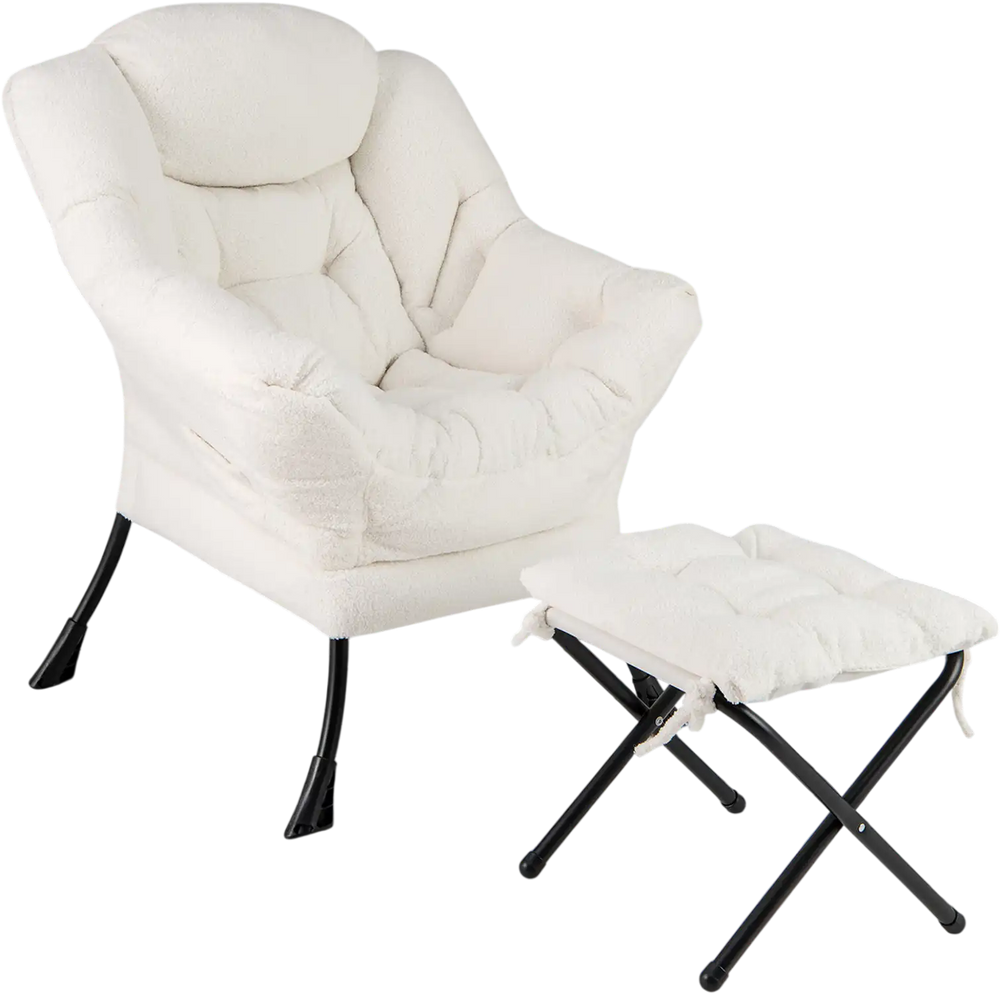 Beige modern accent chair with folding footrest, ergonomic design, and soft head pillow for versatile indoor relaxation.