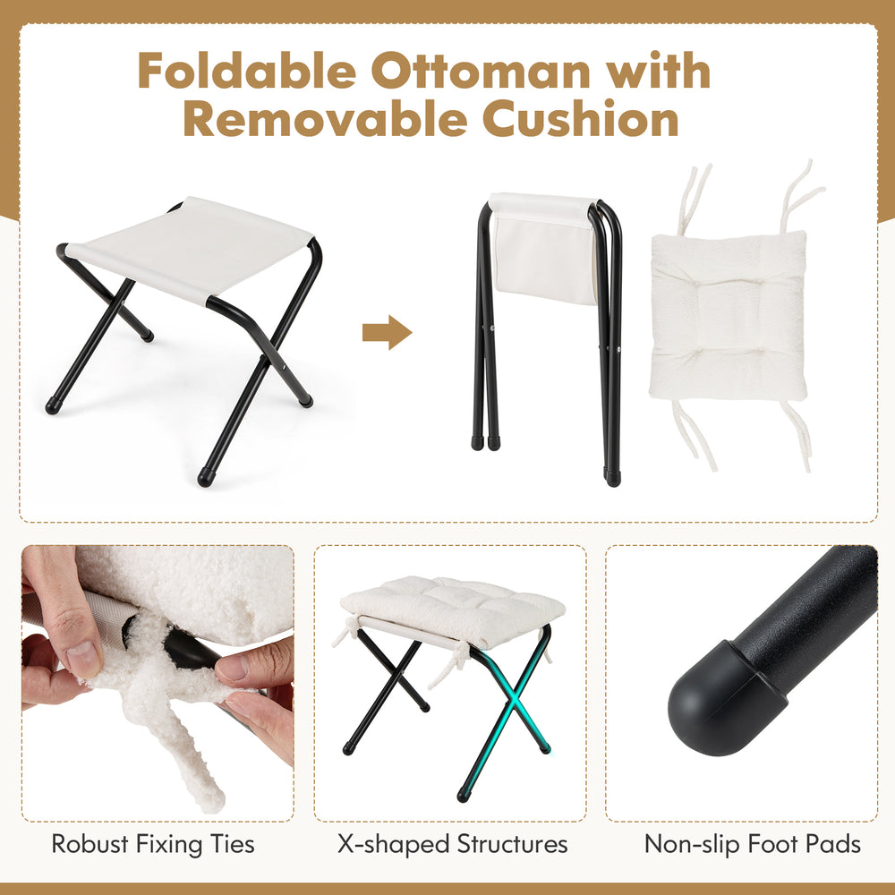 Foldable ottoman with removable Sherpa cushion, featuring anti-slip foot pads and robust metal frame for versatile use.