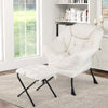 Modern accent chair with beige sherpa cover and folding footrest, ideal for living rooms and bedrooms.