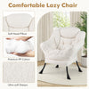 Modern accent chair in beige with soft Sherpa cover, ergonomic design, and folding footrest for versatile comfort.