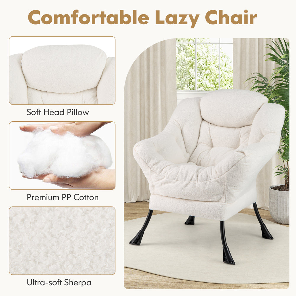Modern accent chair in beige with soft Sherpa cover, ergonomic design, and folding footrest for versatile comfort.