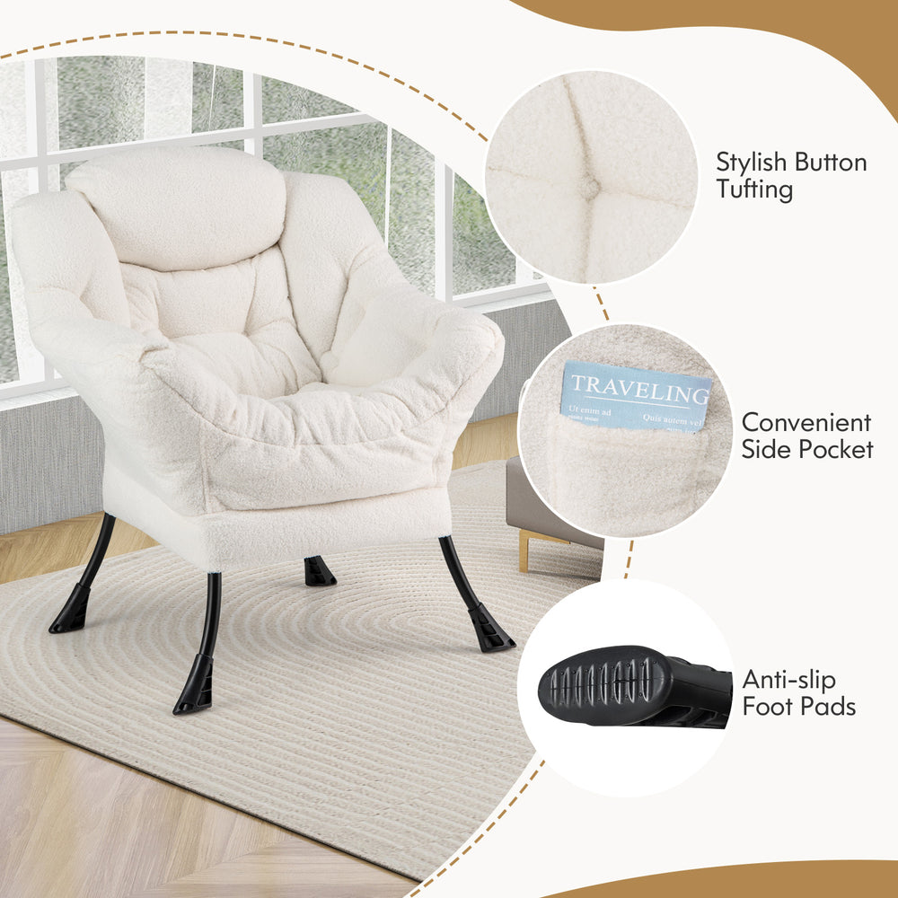 Modern accent chair in beige with stylish button tufting, ergonomic design, and convenient side pocket for versatile.