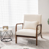Beige modern accent chair with rubber wood frame and lumbar pillow, perfect for reading and relaxation.