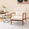 Modern accent chair in beige with rubber wood frame and lumbar pillow, ideal for reading and relaxation in any room.