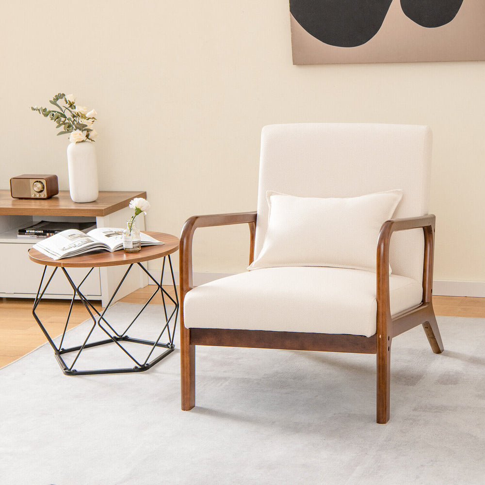 Modern accent chair in beige with rubber wood frame and lumbar pillow, ideal for reading and relaxation in any room.