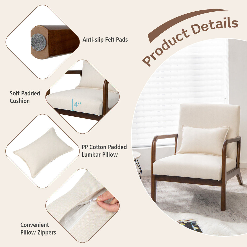 Beige modern accent chair featuring a rubber wood frame, soft padded cushion, and lumbar pillow for added comfort.