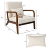 Beige modern accent chair with rubber wood frame, lumbar pillow, and dimensions for comfortable relaxation.