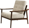 Modern accent chair with rubber wood armrests, beige cushion, and inclined backrest, perfect for living rooms or.