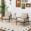 Modern accent chairs with rubber wood armrests in a living room setting, featuring comfortable cushions and ergonomic.