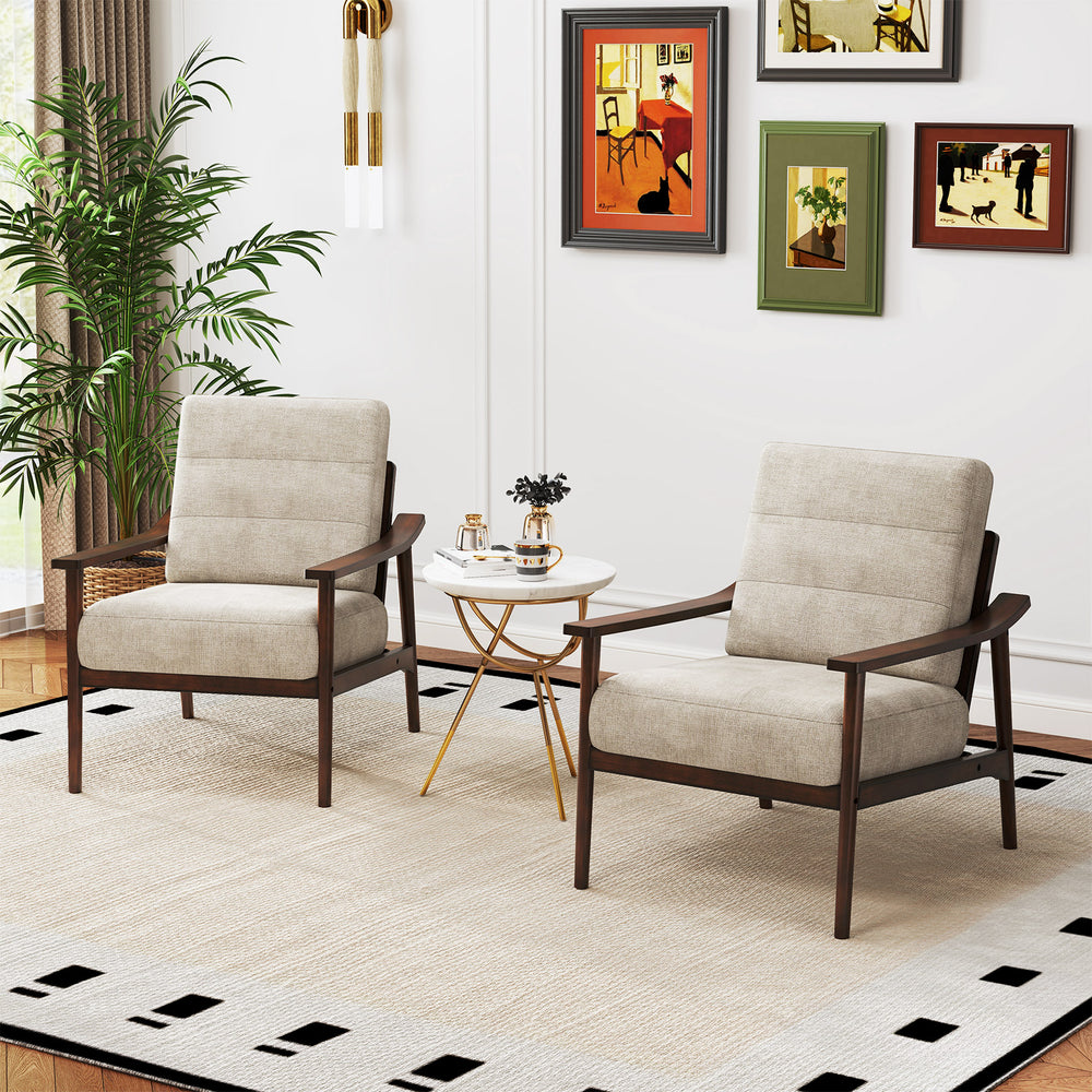 Modern accent chairs with rubber wood armrests in a living room setting, featuring comfortable cushions and ergonomic.