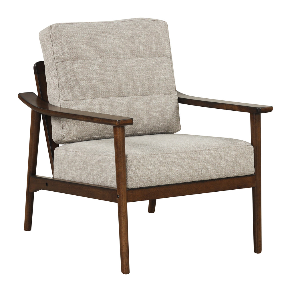 Modern accent chair with rubber wood armrests and legs, featuring a padded seat and back cushion for living room.