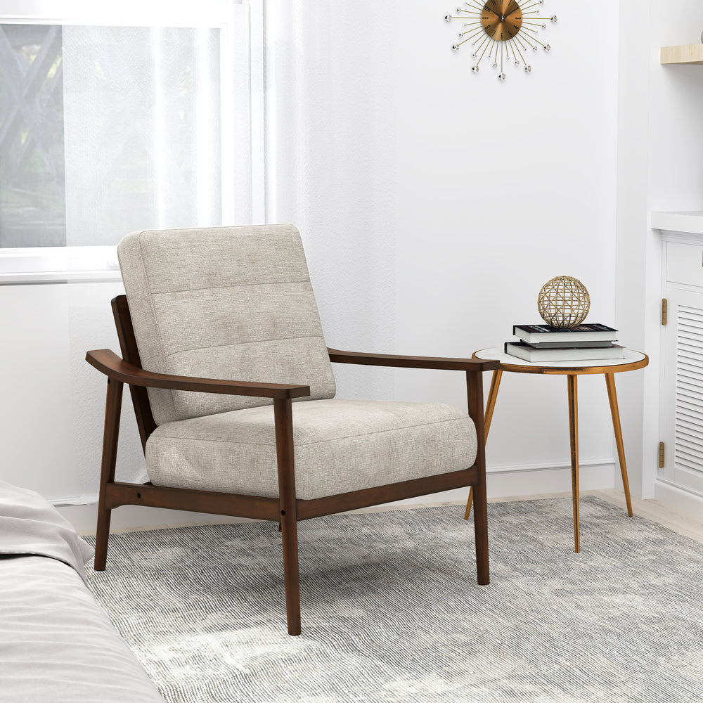Modern accent chair with rubber wood armrests and legs, featuring a comfortable padded seat, ideal for living rooms.
