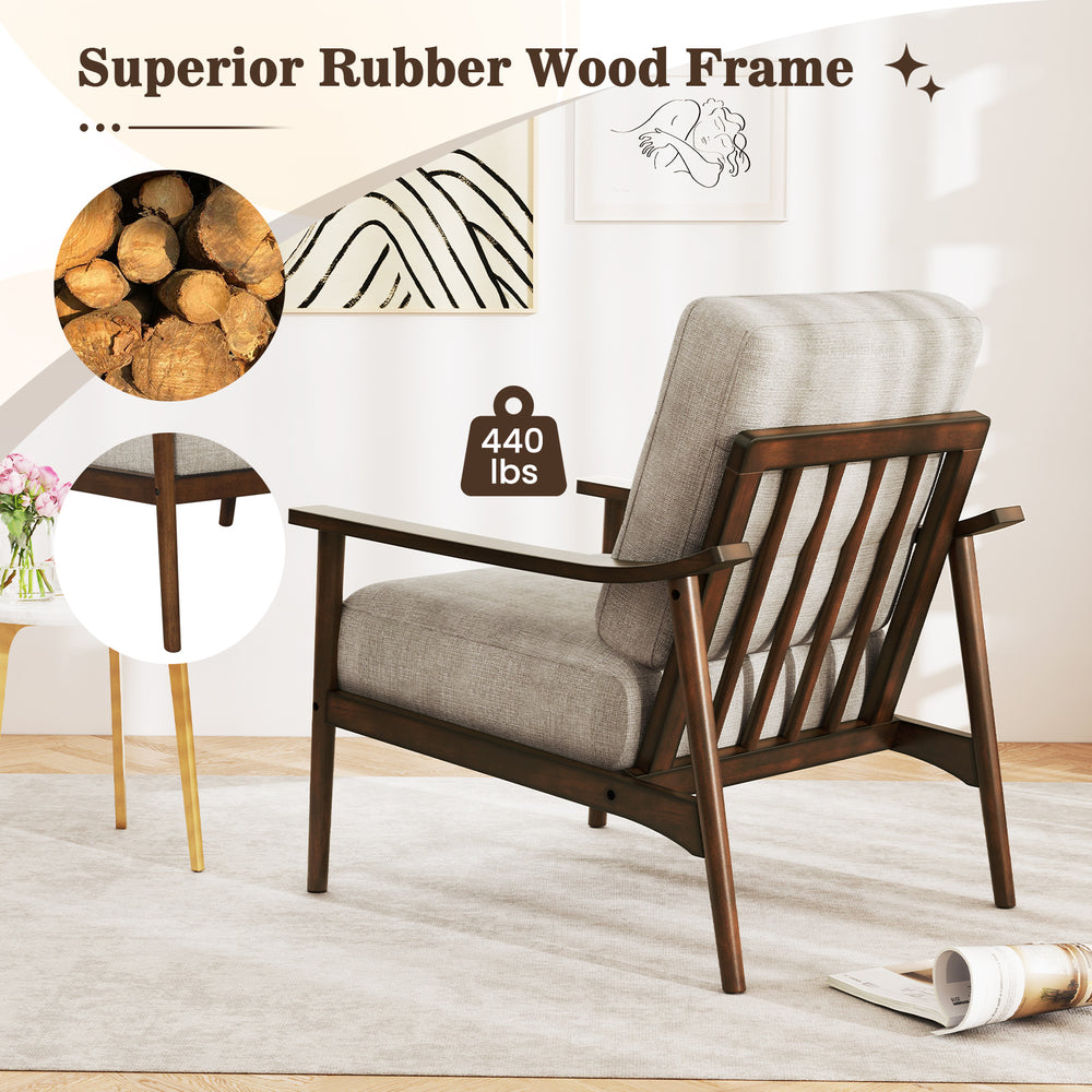 Modern accent chair with rubber wood frame, padded seat cushion, and ergonomic armrests for living room comfort.