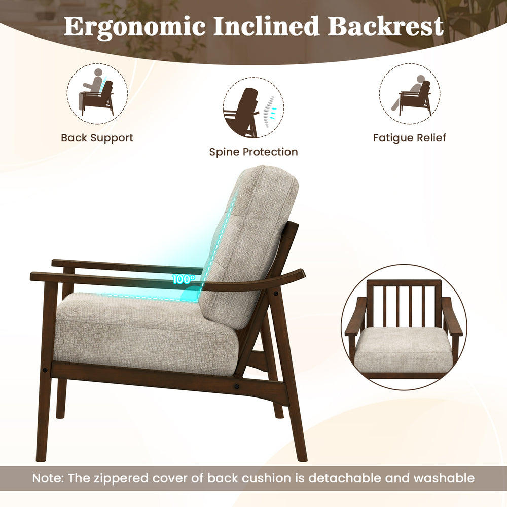 Modern accent chair with rubber wood armrests, ergonomic inclined backrest for spine protection and comfort in living.