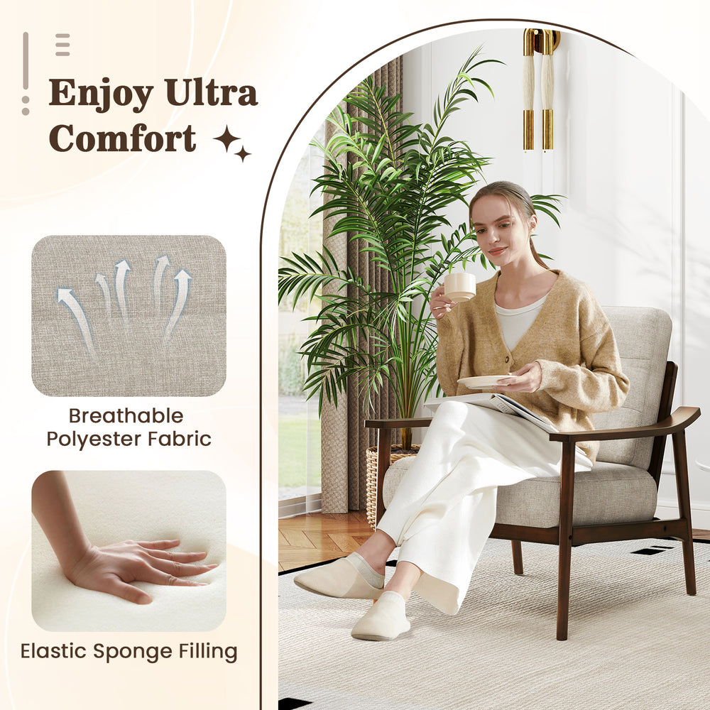 Modern accent chair with rubber wood armrests, featuring a breathable fabric seat and ergonomic design for ultimate.