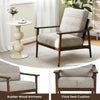 Modern accent chair with rubber wood armrests, thick seat cushion, and inclined backrest for living room comfort.