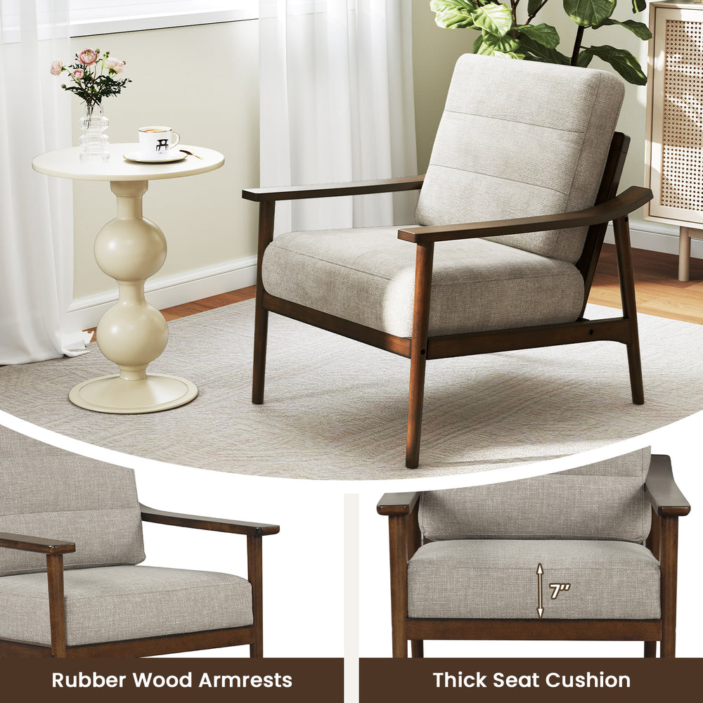 Modern accent chair with rubber wood armrests, thick seat cushion, and inclined backrest for living room comfort.