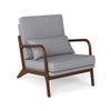 Modern accent chair with gray sponge padded seat, rubber wood armrests, and lumbar pillow for comfort in any room.