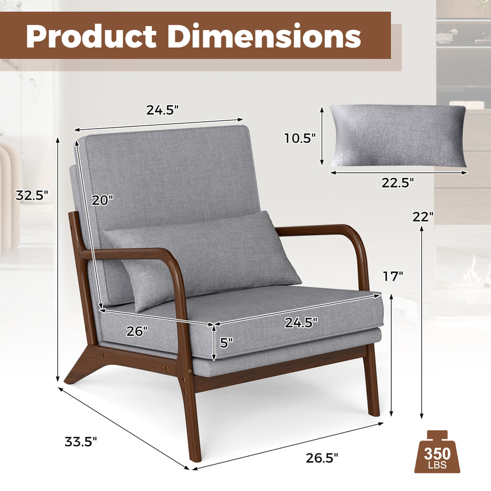 Modern accent chair with rubber wood armrests, gray cushions, and removable back, ideal for living rooms or reading.