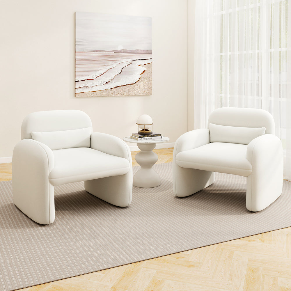 Modern accent chairs with waist pillows and armrests in beige, featuring soft sherpa upholstery for living room.