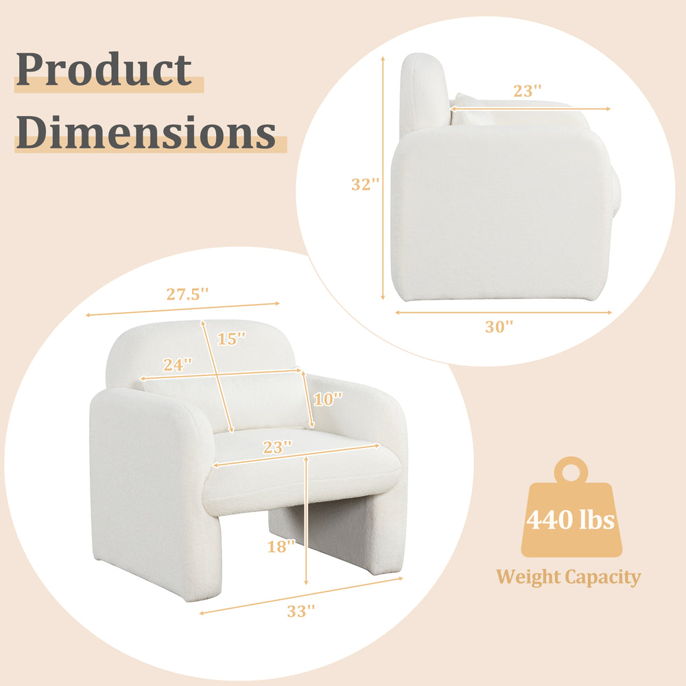 Beige modern accent chair with ergonomic armrests, waist pillow, and sturdy wooden frame, ideal for living room comfort.